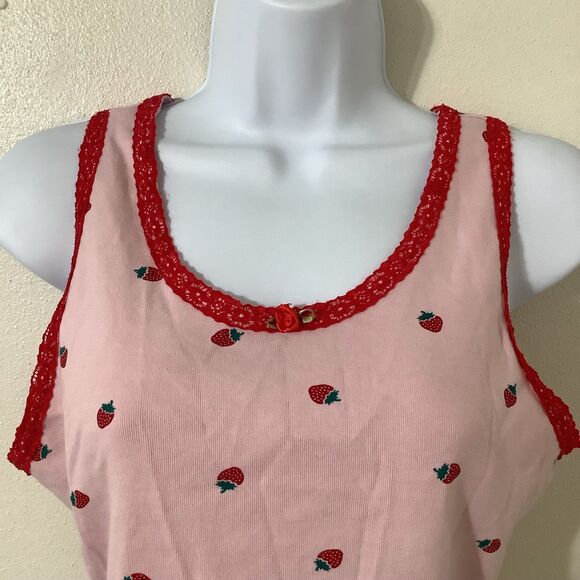 Pink Strawberry Coquette Fairy Feminine Lace Rosette Lettuce Hem Cropped Tank L - Picture 2 of 8